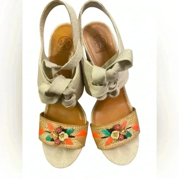 TORY BURCH Geraldine Raffia & Linen Lace-Up Sandals Size 9.5 - Picture 7 of 13